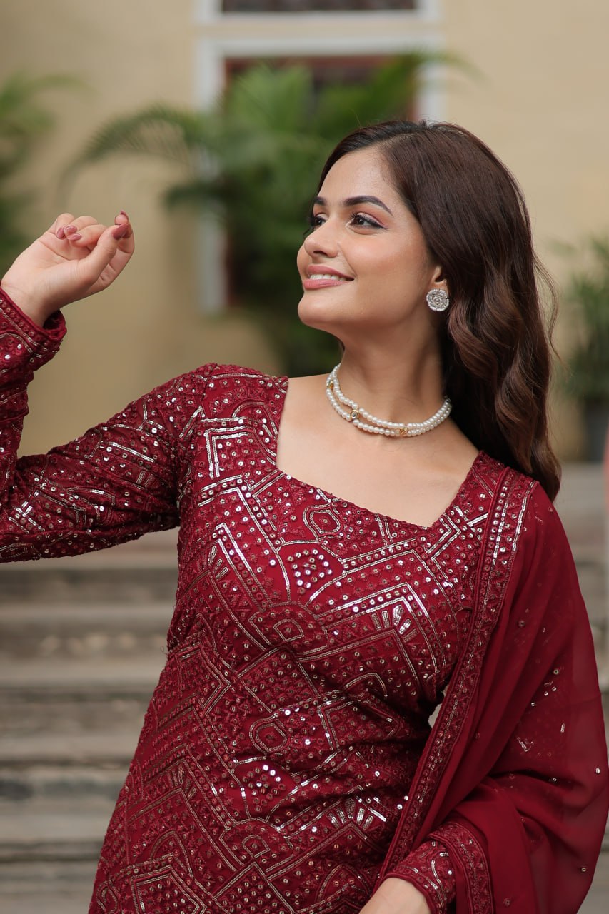 Teeya Creation Maroon Color Faux Georgette Heavy Embroidery Work Fully stitched Sharara set - Distacart