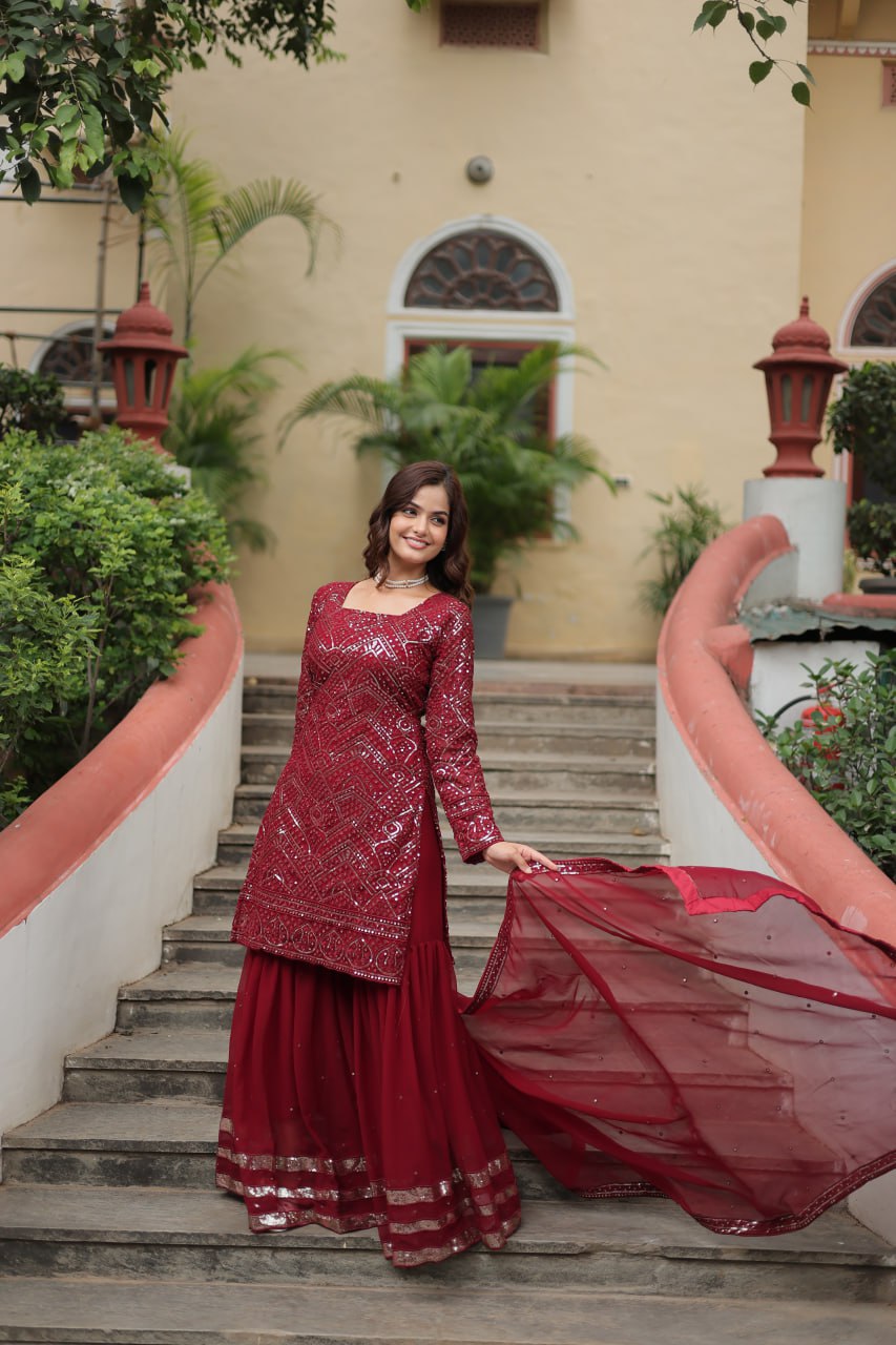 Teeya Creation Maroon Color Faux Georgette Heavy Embroidery Work Fully stitched Sharara set - Distacart