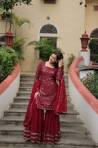 Teeya Creation Maroon Color Faux Georgette Heavy Embroidery Work Fully stitched Sharara set - Distacart