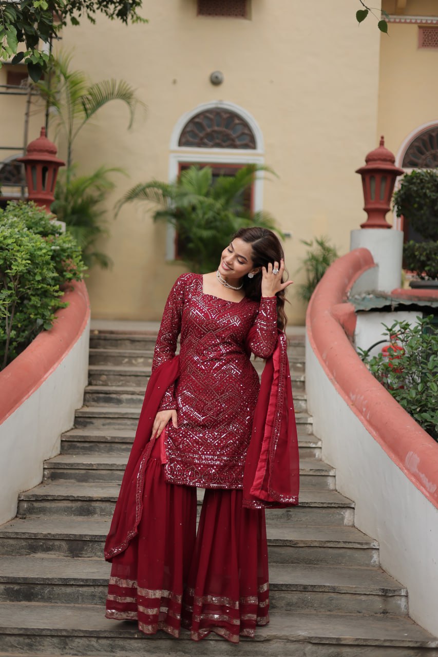 Teeya Creation Maroon Color Faux Georgette Heavy Embroidery Work Fully stitched Sharara set - Distacart