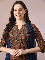 Myshka Women's Multi Printed Cotton Straight Party Kurta Set With Dupatta