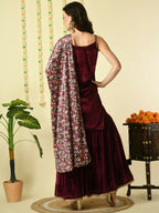 Myshka Women's Magenta Velvet Kurti & Sharara With Dupatta Party Sets