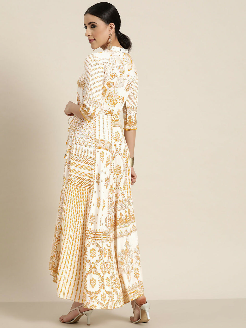 Juniper Mustard Printed Rayon Lacy Maxi Dress With Mirror Embroidered Neckline & Tassels At Waist - Distacart