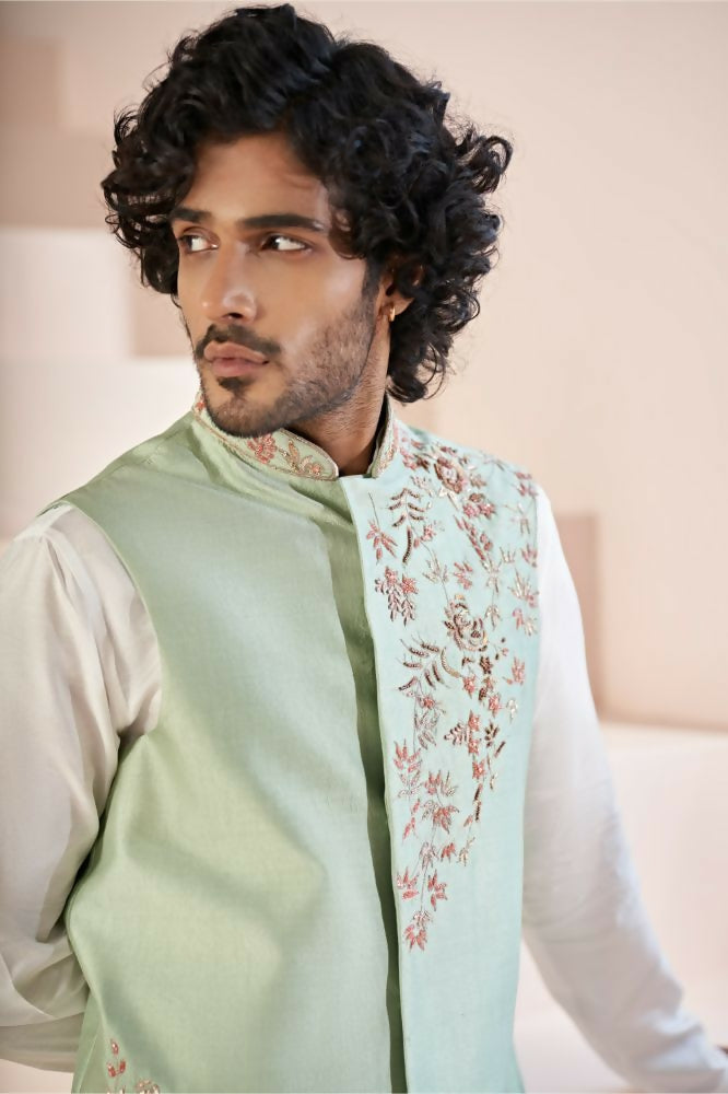 Olive Green Hand Embroidered Nehru Jacket by Hilo Design