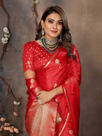 Joban Fashion Red Floral & Botanical Motifs Satin Silk Banarasi Silk Saree - Distacart