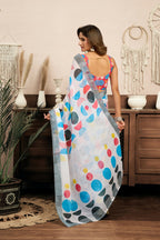 Vastranavya Multicolor Digital Printed Linen Ready To Wear Designer Saree with Unstitched Blouse - Distacart