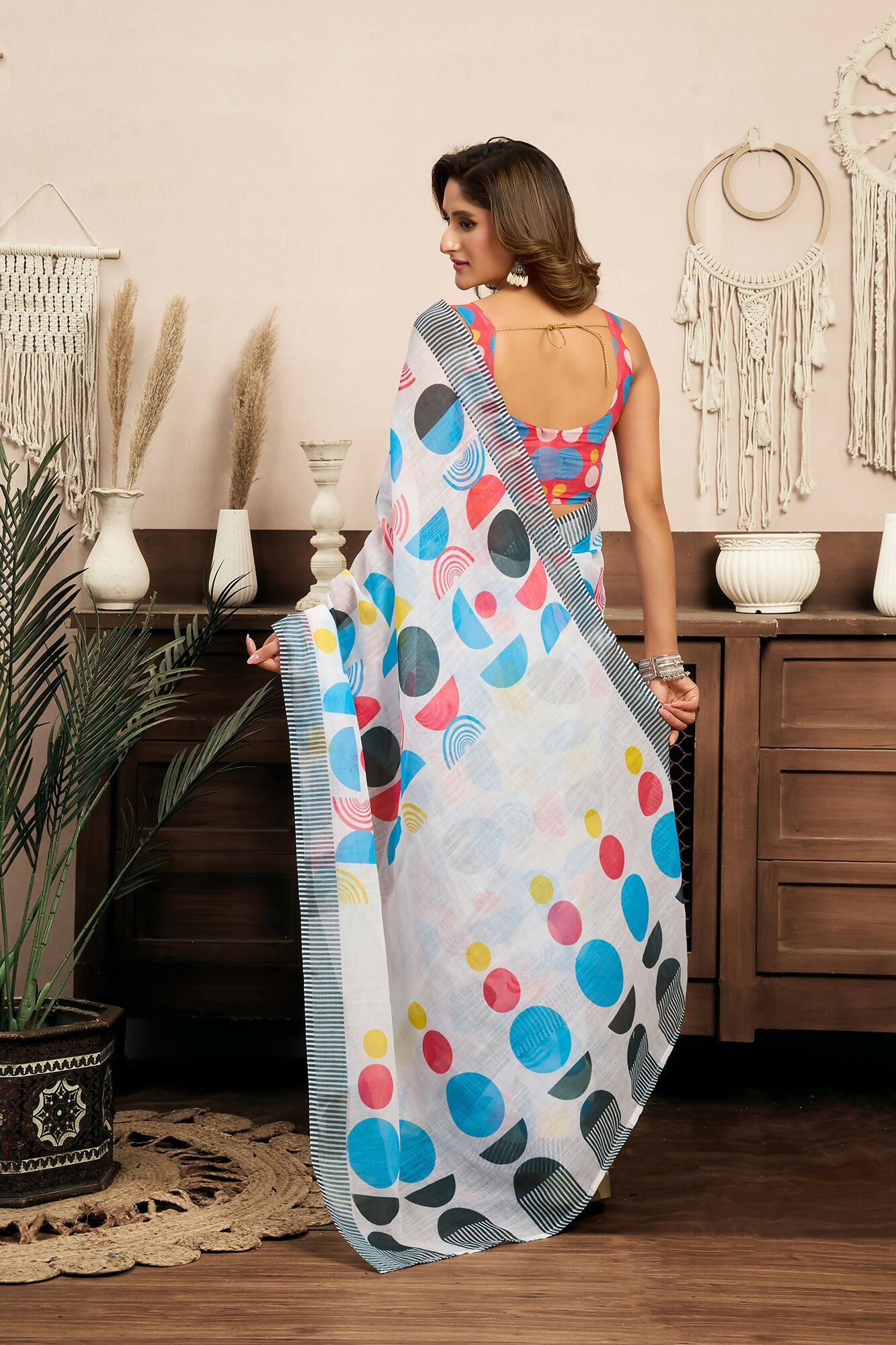 Vastranavya Multicolor Digital Printed Linen Ready To Wear Designer Saree with Unstitched Blouse - Distacart
