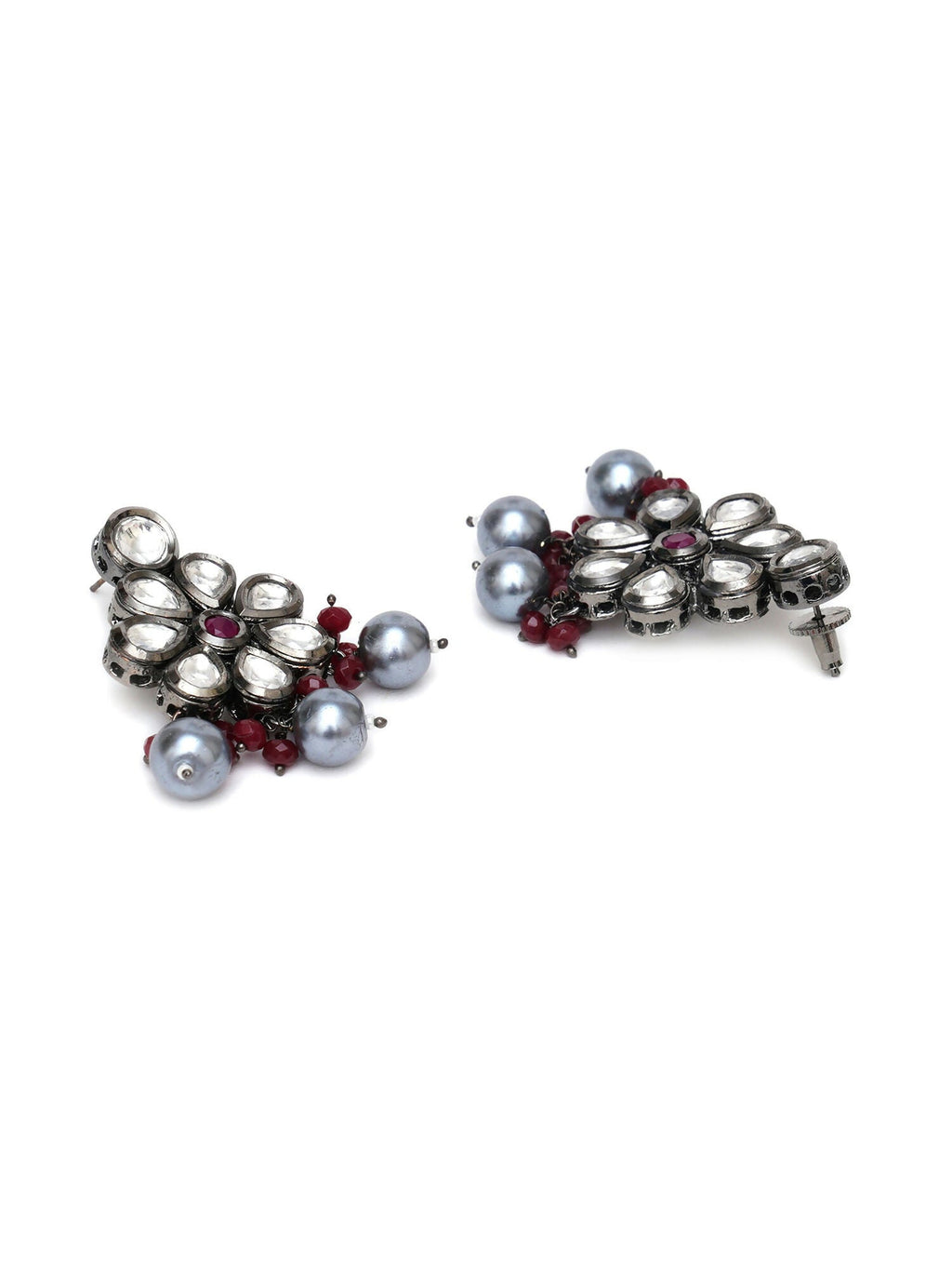 Long Kundan Neckpiece with Earrings with Multi Stones Jewellery Set (Grey) - Ruby Raang