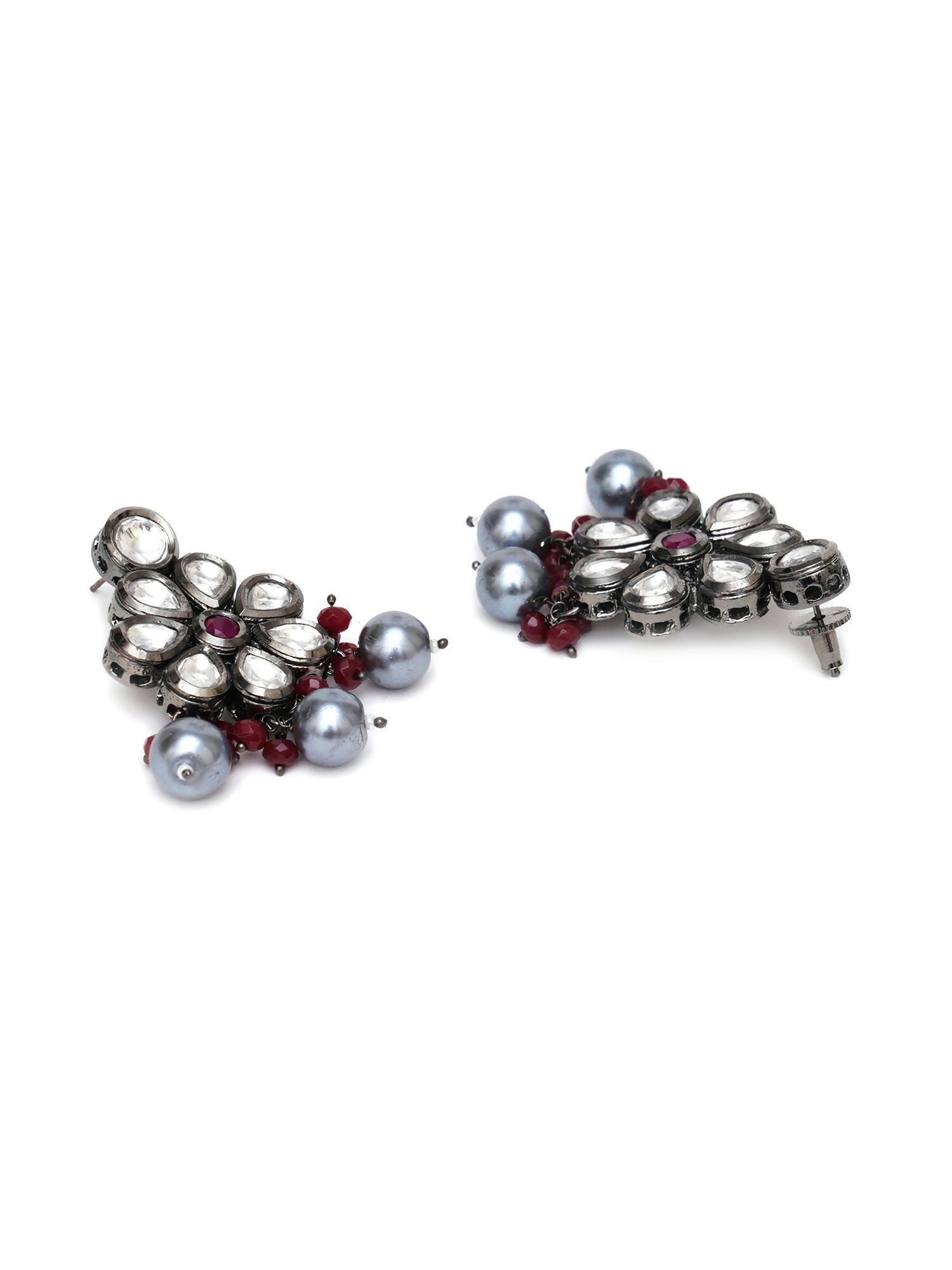 Long Kundan Neckpiece with Earrings with Multi Stones Jewellery Set (Grey) - Ruby Raang