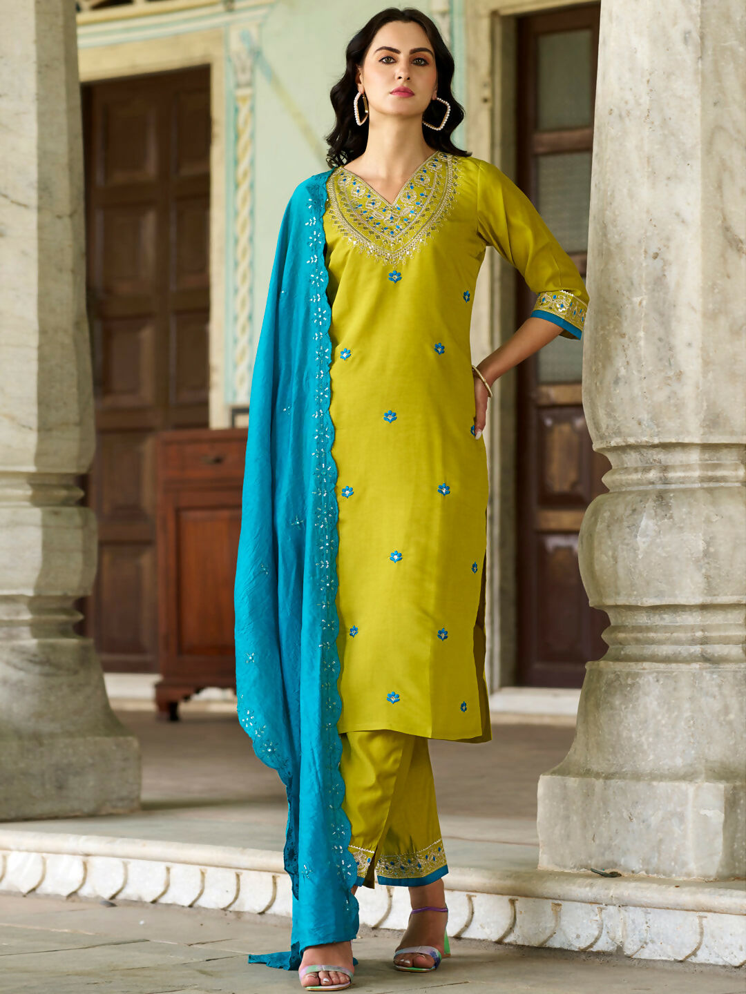 The52 Lemon Beautiful Embroidered Viscose Chanderi Fabric Straight Kurta Pant with Dupatta Set - Distacart