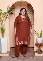 Miravan Womens Plus Size Embroidered Cotton Kurta with palazzo & Dupatta Set