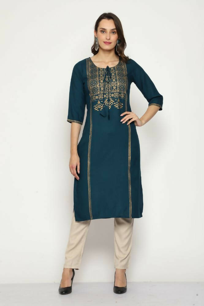 Maai Rayon Hand Printed Kurta Navy - Distacart