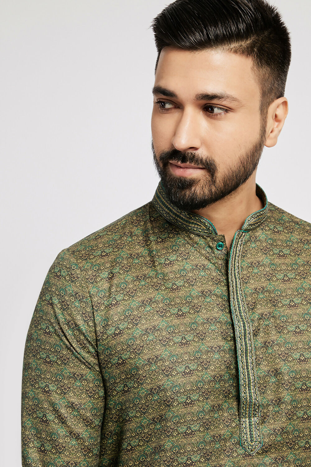 Ethnic India Green Men's Kurta Abstract Polyester