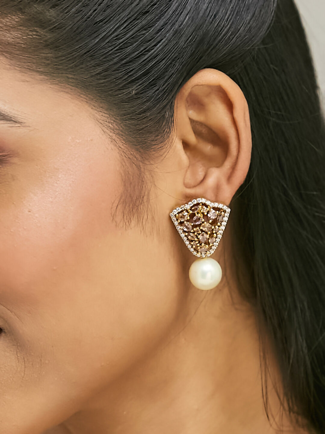 Nuyug 22K Gold-Plated Elegant Zircon Stone Studded & Pearls Drop Stud Earrings - Distacart