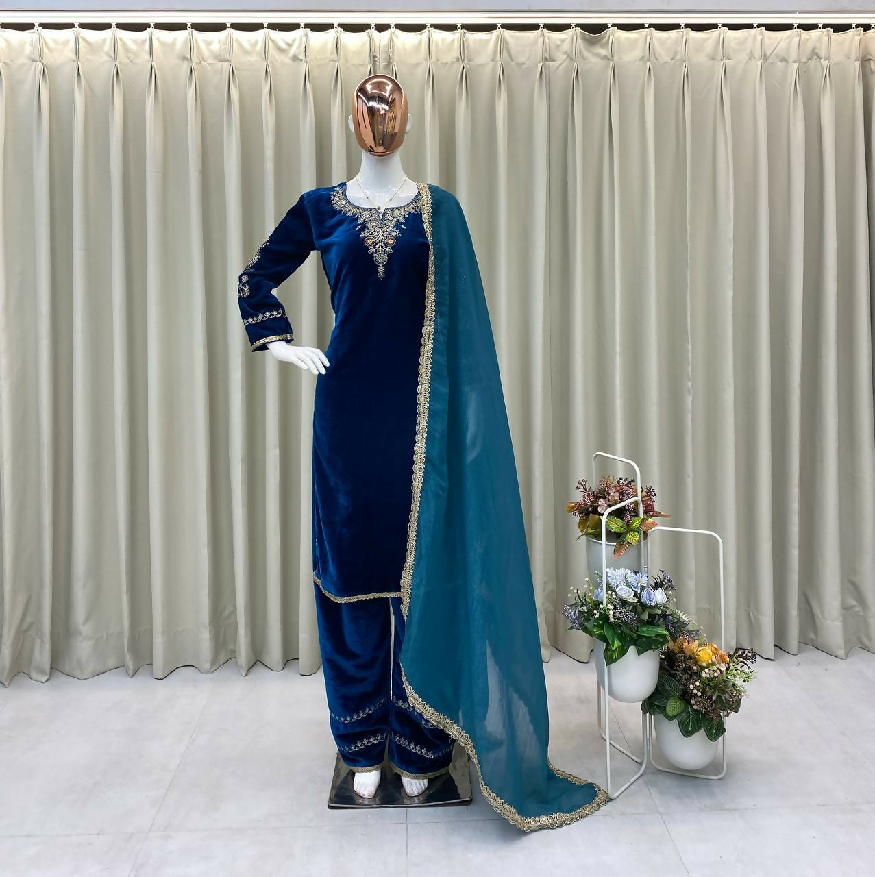 Vastranavya Teal Velvet Cording Sequence Embroidery Work Suit With Dupatta - Distacart