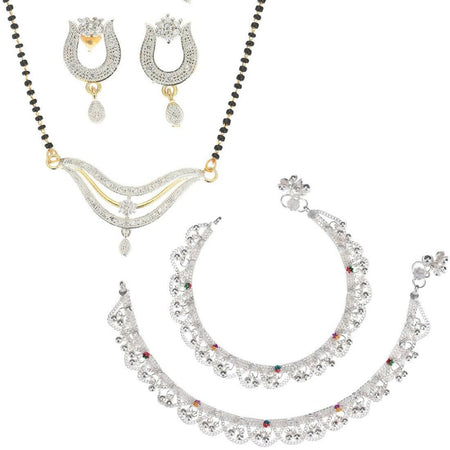AanyaCentric Gold-Polished Mangalsutra Pendant Earring Set & Silver Plated Anklet