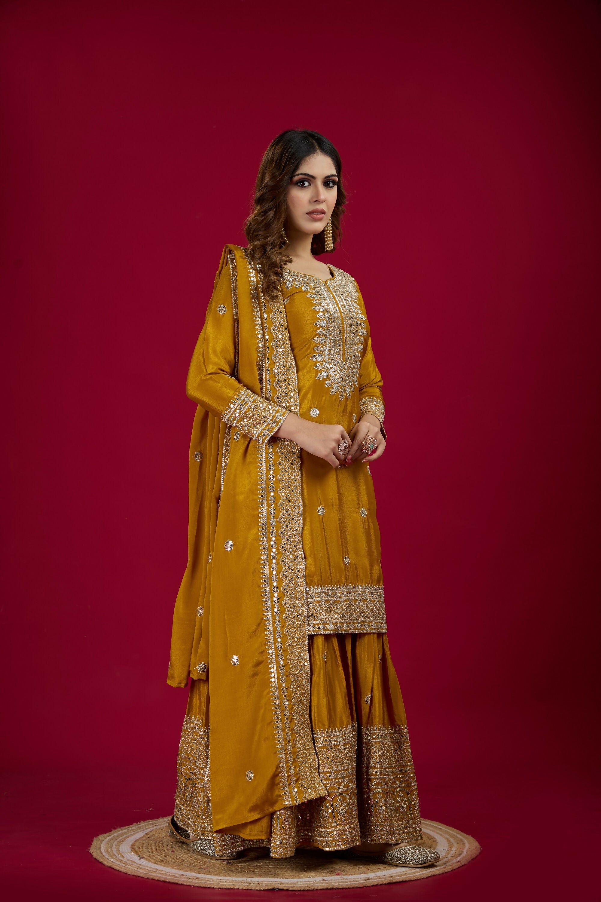 Joban Fashion Yellow Kurta Set Silk Sequins , Zari, Coding & Thread Embroidered work - Distacart