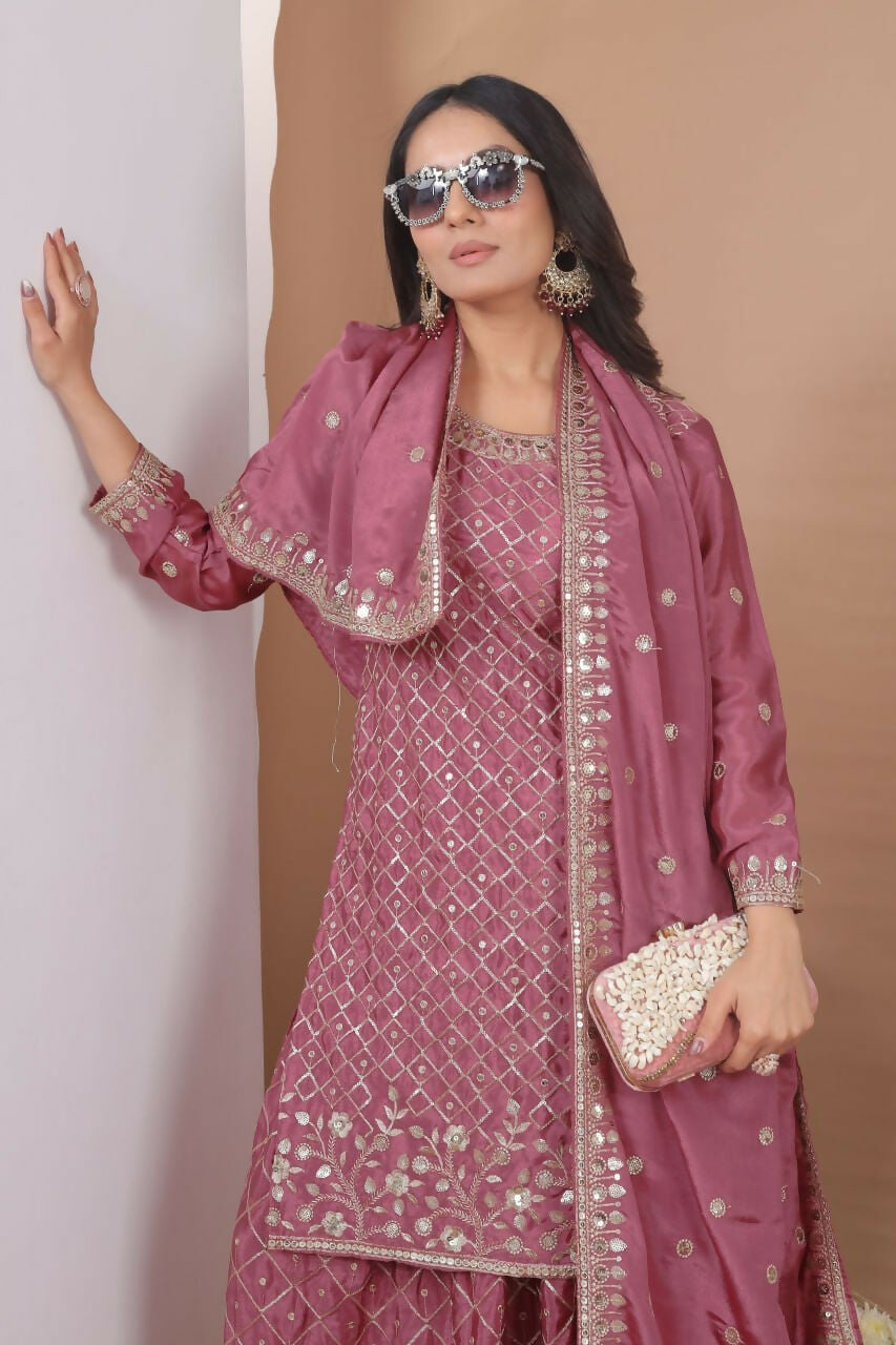 Teeya Creation Dark Onion Color Chinon Silk Wedding Wear Trending Palazzo Set - Distacart