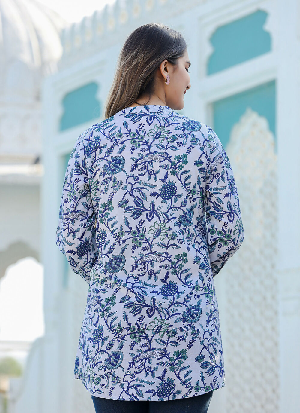 Kaajh Women's White-Blue Hand Block Printed Cotton Top