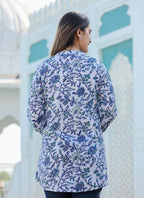 Kaajh Women's White-Blue Hand Block Printed Cotton Top