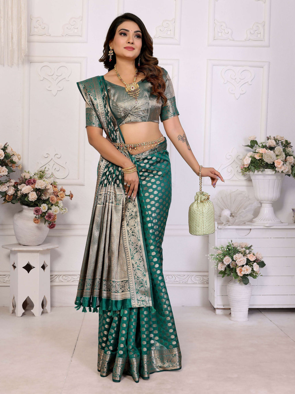 Aastha Fashion Green Organza Silk Weaving Saree - Distacart