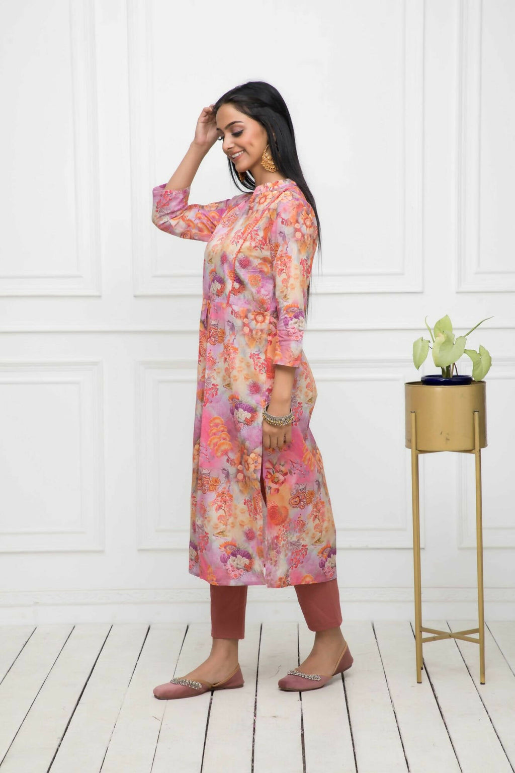Myshka Multi Floral Women Cotton A-Line Round Neck Kurtas - Distacart