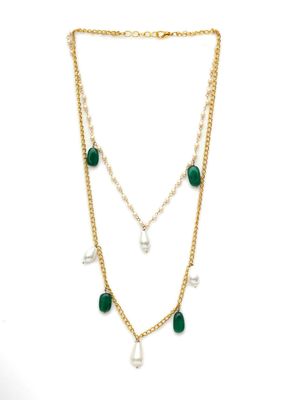 Layered Pearl and Gold Neckpiece with Emeralds (Gold) - Ruby Raang