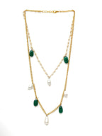 Layered Pearl and Gold Neckpiece with Emeralds (Gold) - Ruby Raang