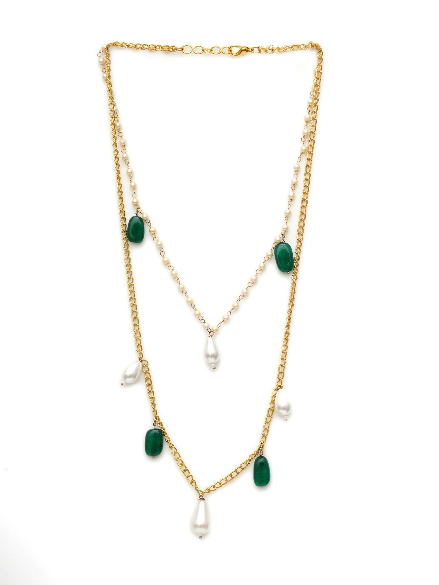 Layered Pearl and Gold Neckpiece with Emeralds (Gold) - Ruby Raang