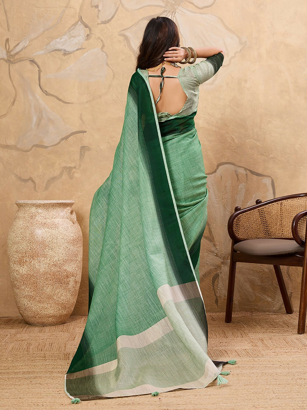 Shree Shyam Fashion Pista Green Linen Saree - Distacart