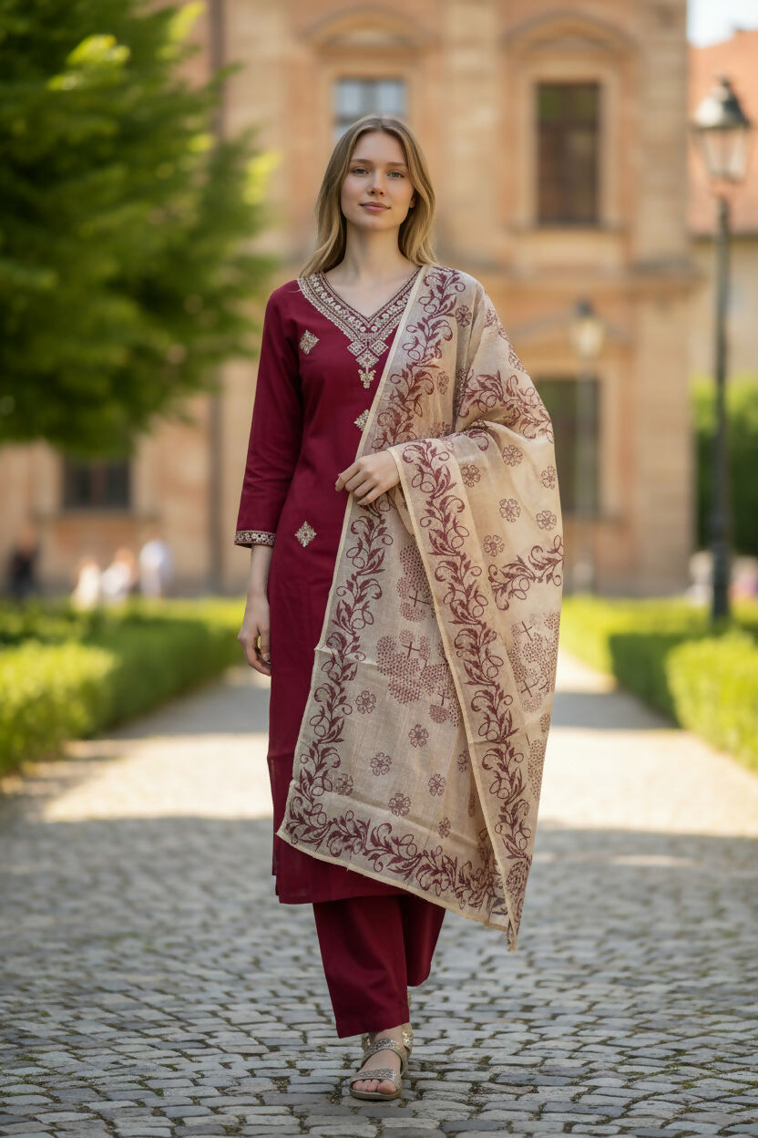 The52 Women's Beautiful Rayon Slub Fabric Embroidery Work Straight Kurta Pant and Dupatta Set - Distacart