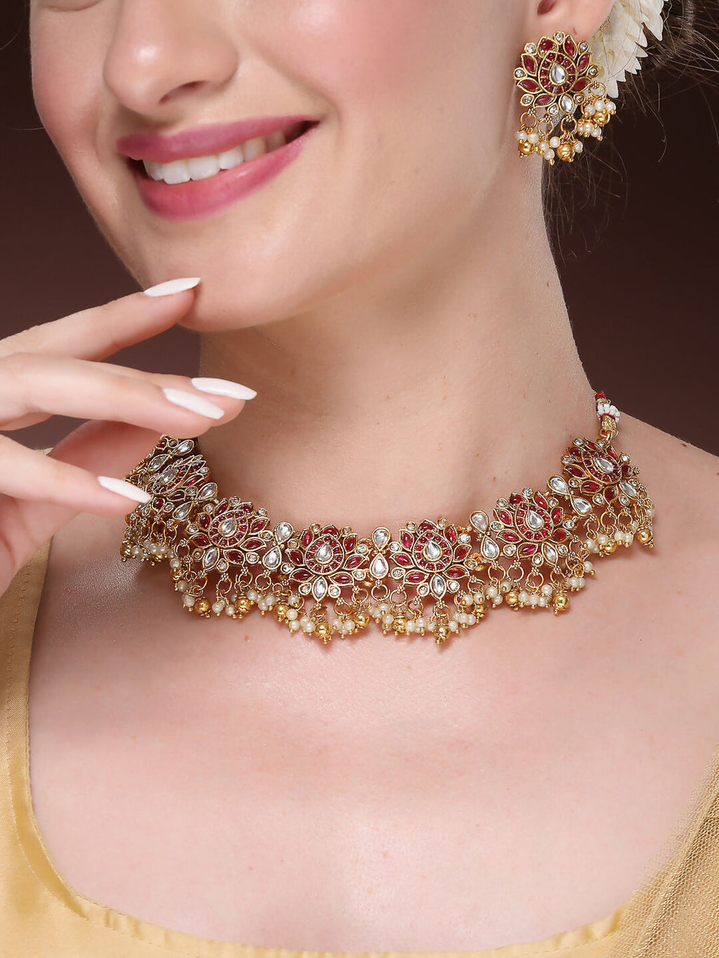 NVR Women's Gold-Polished Red Kundan- Studded & Beaded Handcrafted Temple Jewellery Set