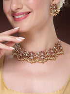 NVR Women's Gold-Polished Red Kundan- Studded & Beaded Handcrafted Temple Jewellery Set