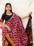Vastranavya Maroon Tussar Silk Zigzag Waves Printed Saree with Unstitched Blouse - Distacart