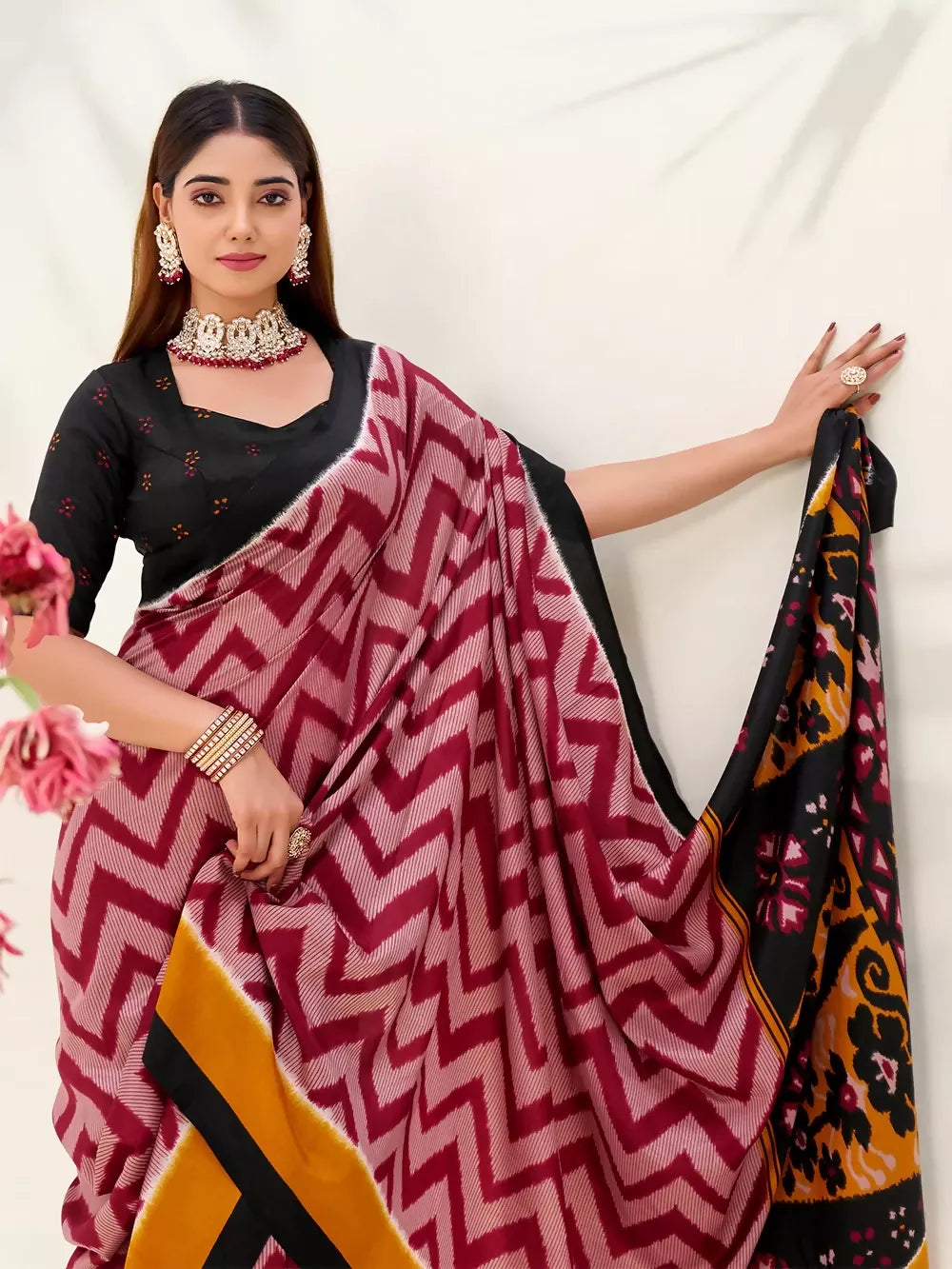 Vastranavya Maroon Tussar Silk Zigzag Waves Printed Saree with Unstitched Blouse - Distacart
