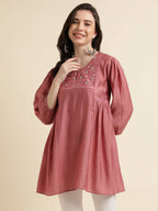 Pink Chinon Yoke Embroidered A-line Top - Tarini