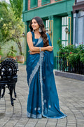 Vastranavya Teal Embroidery Work Shimmer Chiffon Saree with Unstitched Blouse - Distacart