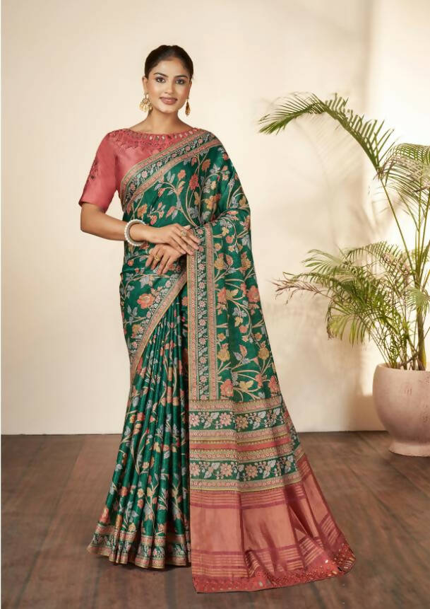 Green Gajji Silk Floral Print with Hand Mirror work Border Saree - Norita Nirvi