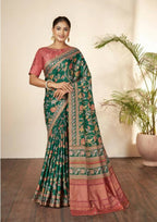 Green Gajji Silk Floral Print with Hand Mirror work Border Saree - Norita Nirvi