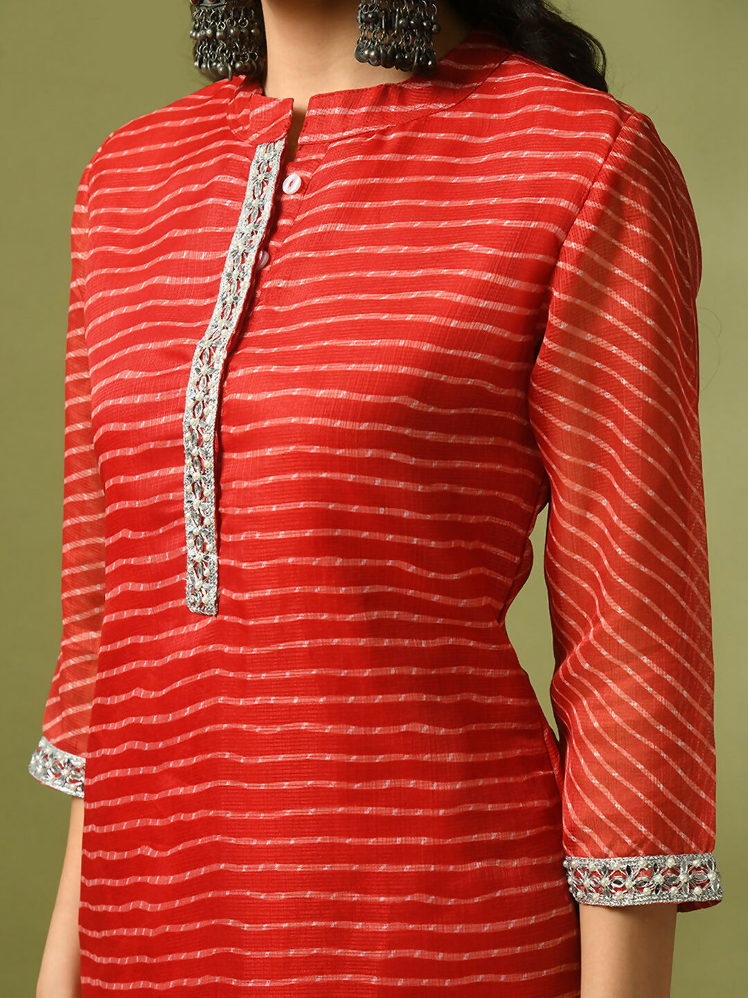 Myshka Women's Red Printed Kota Straight Party Kurta Set With Dupatta