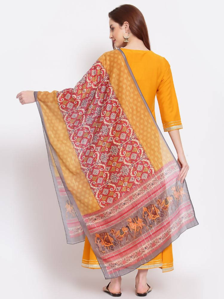 Myshka Women's Yellow Printed Silk Blend 3/4 Sleeve V Neck Casual Kurta Dupatta Set