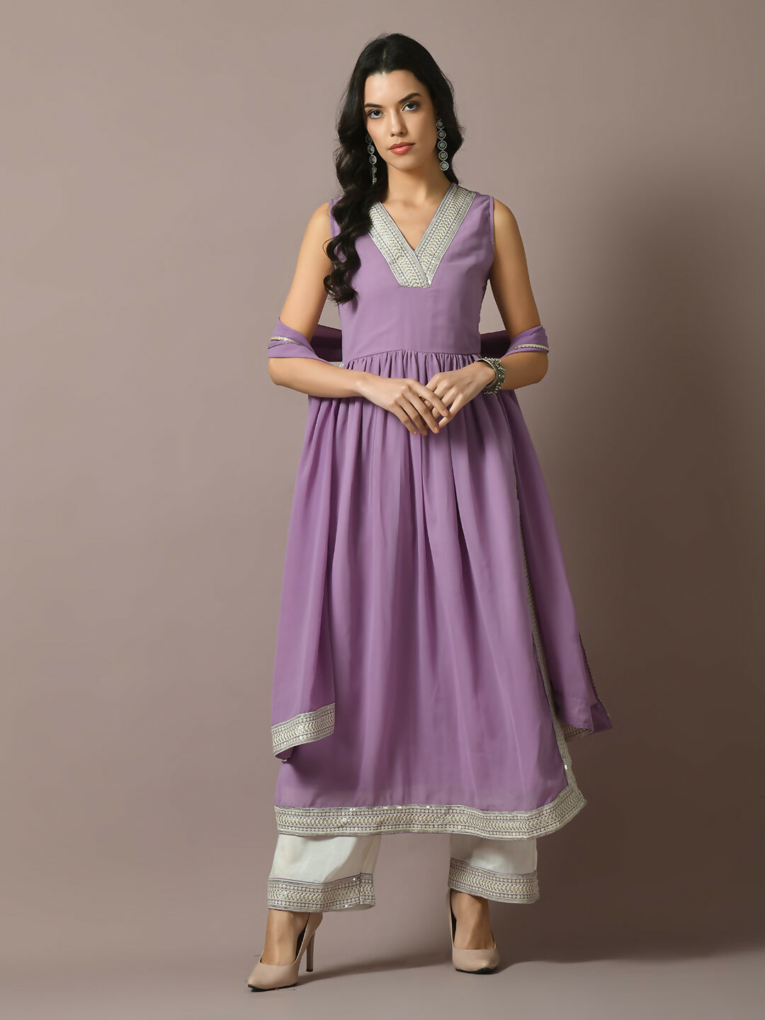 Myshka Women's Lavender Solid Georgette Anarkali Party Kurta Set With Dupatta