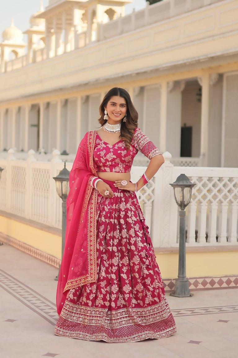Vastranavya Designer Dyeable Pure Viscose Jacquard Fabric Lehenga Choli & Dupatta Set - Pink