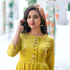 Partywear Designer Digital Printed Lemon Yellow Pure Maslin Gown - Anbazaar - Distacart