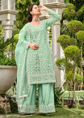 Mint Green Stone & Cording Work Festive Palazzo Suit - Emponline