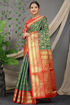 Jyoti Fashion Women's Green Kanjivaram Silk Zari Woven Saree with Blouse