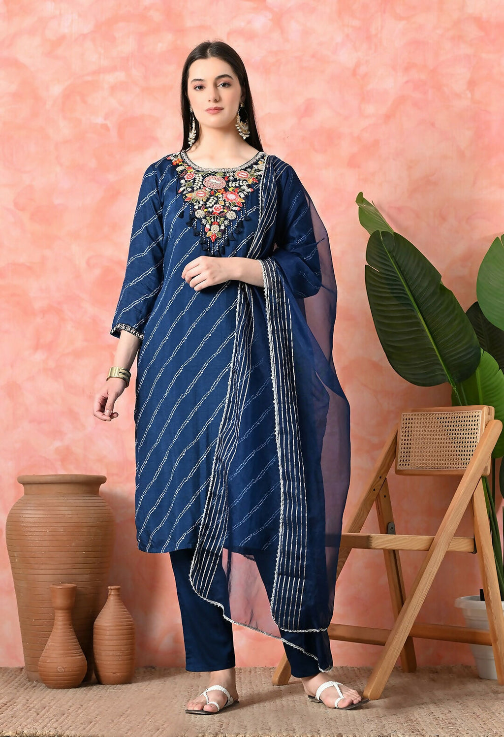 Joban Fashion Navy Blue Premium Pure Viscose Print Dola With Handwork Kurta Set