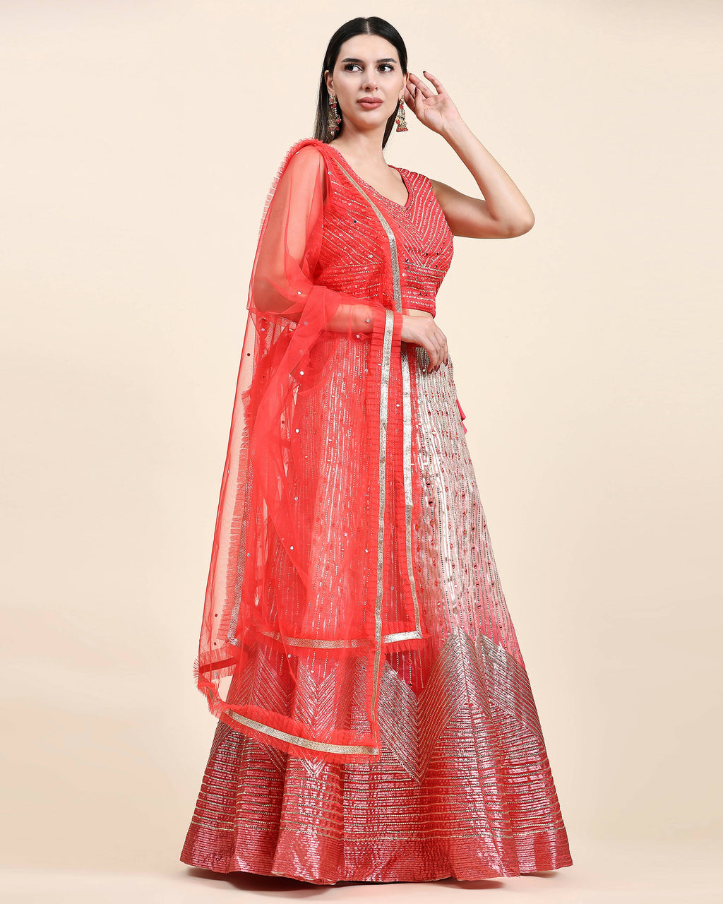 Red Organza Mirror With Coding Work Lehenga Choli with Dupatta - Tanya