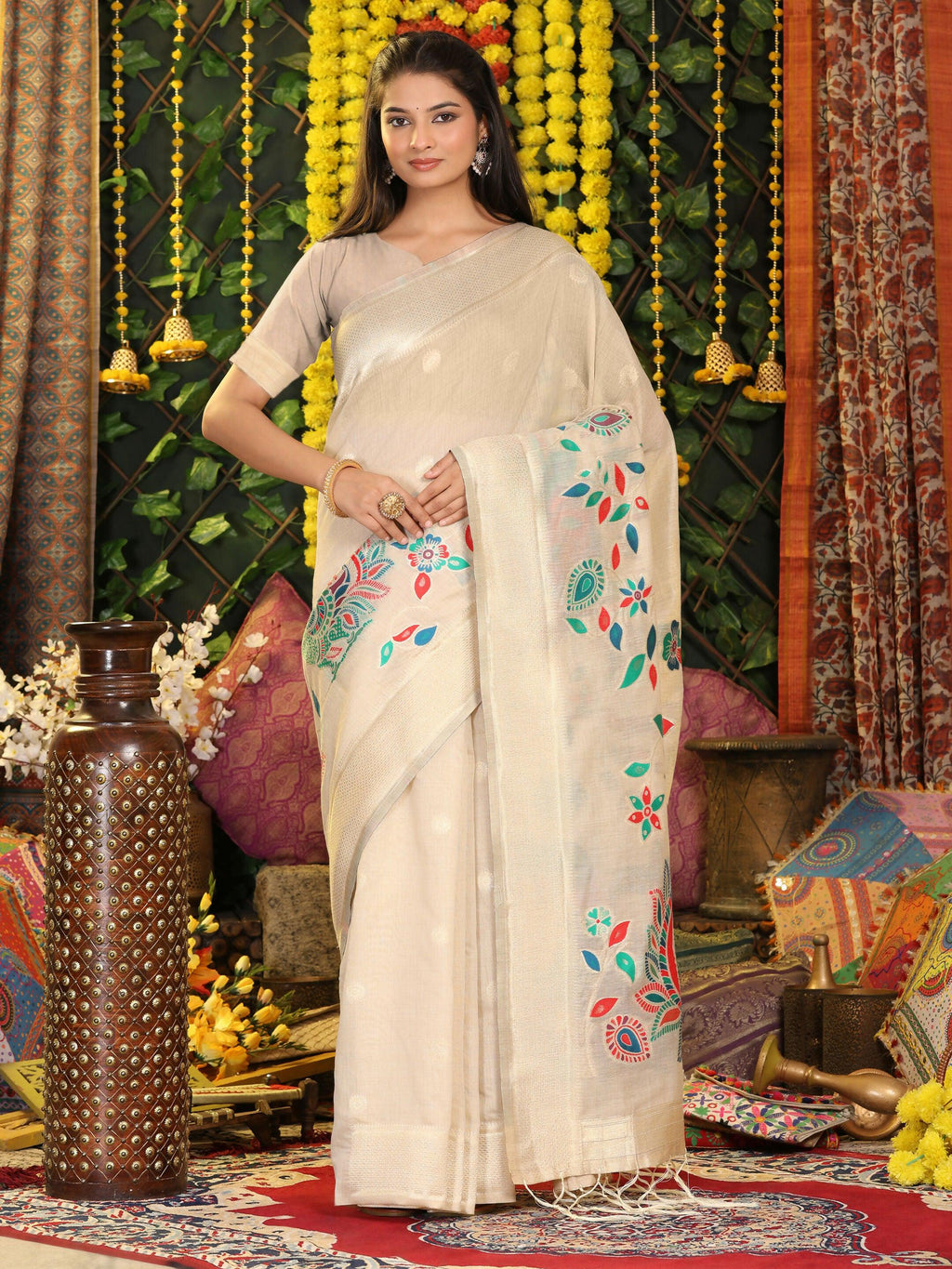 Shree Shyam Fashion Linen Cotton Cream Saree - Distacart