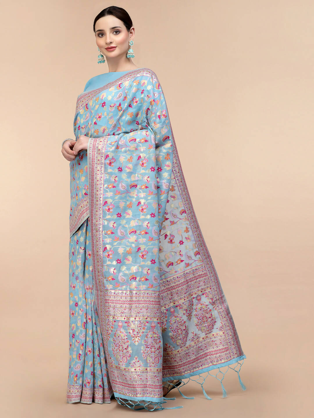 Blue Silk Blend Woven Design Saree With Unstitched Blouse Piece - Aloki